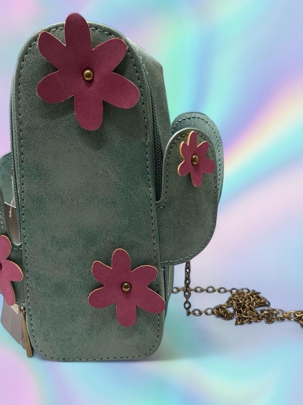 Source Unknown Green Cactus Crossbody Bag with Pink Flower Accents